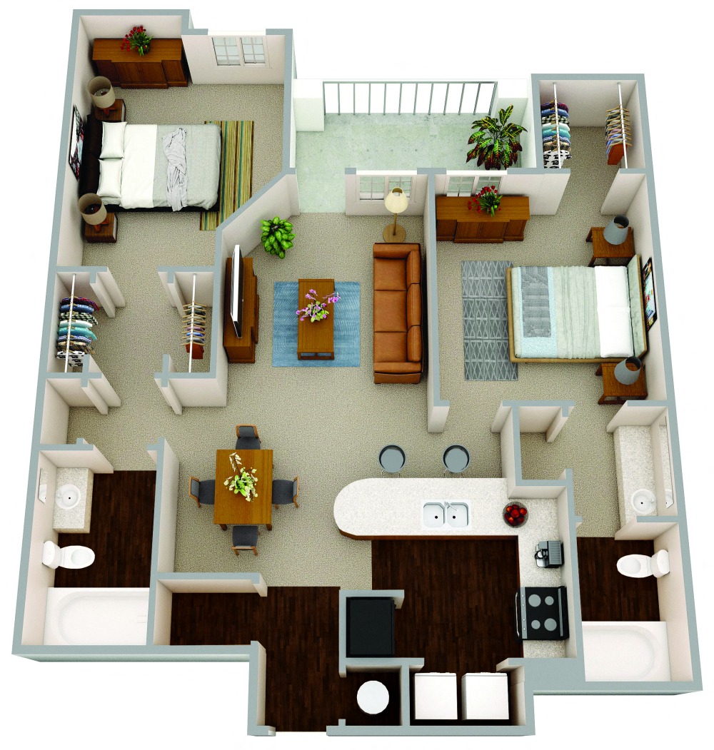 Floor plan for 2 beds, 2 baths, 1069 sqft